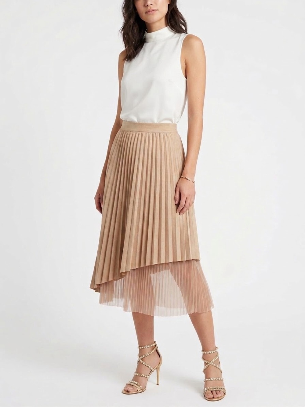 Zara Pleated Asymmetric Midi Skirt in Beige
